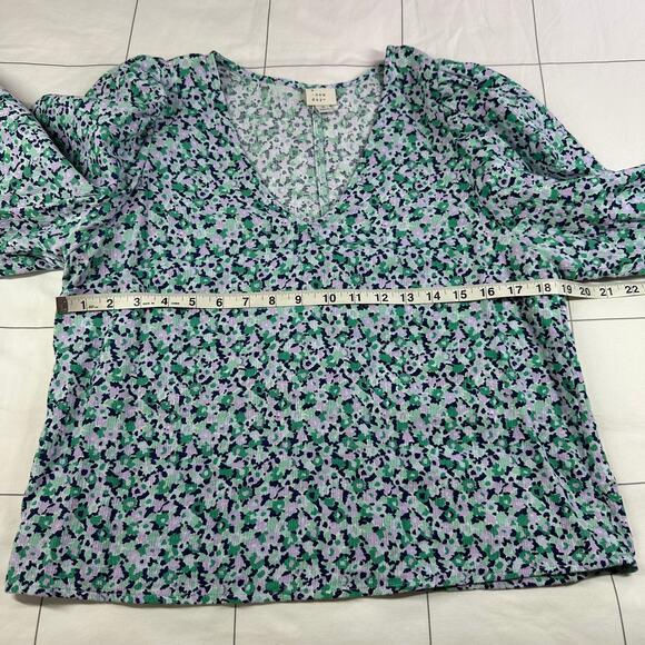 A New Day Top Womens Medium Green Purple Floral Statement Sleeve V Neck Pullover - Picture 6 of 7
